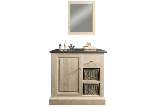 Meuble de salle de bain simple vasque et plan en pierre + miroir L90 (ensemble) - VÉRONE