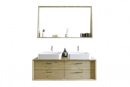 meuble de salle de bain en bois avec double vasque et miroir