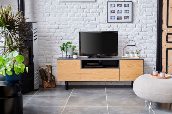 Meuble TV bas en bois et métal 2 portes 1 tiroir L160 - BRIGHTON