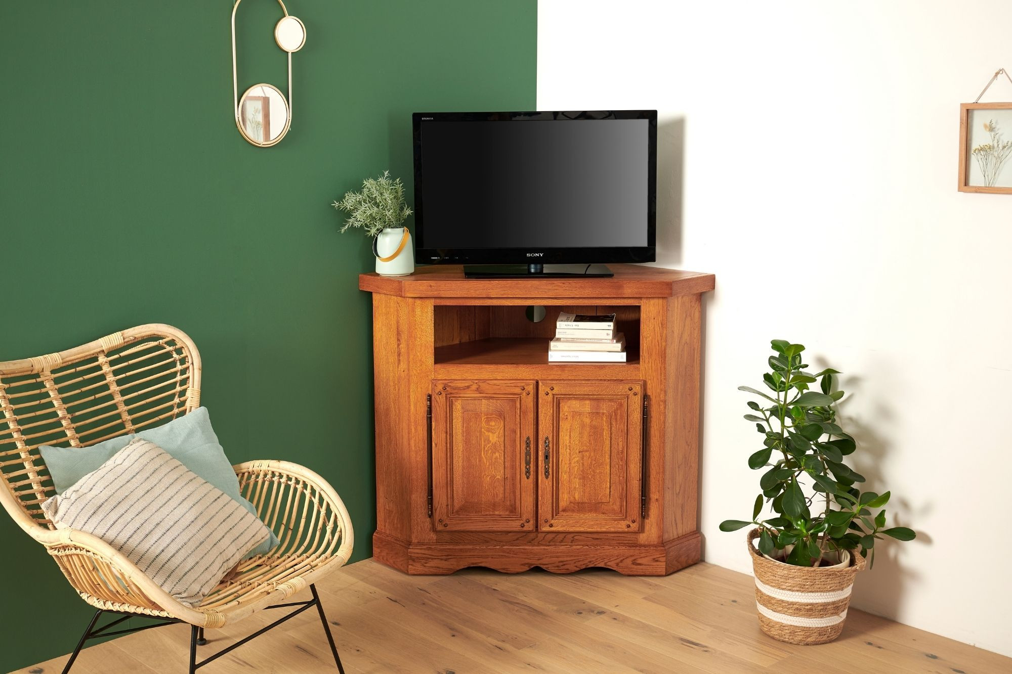 Meuble TV d'angle en chêne naturel et noir DETRIX