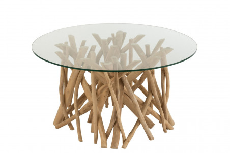 Table basse ronde en branches de teck et plateau en verre