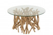 Table basse ronde en branches de teck et plateau en verre