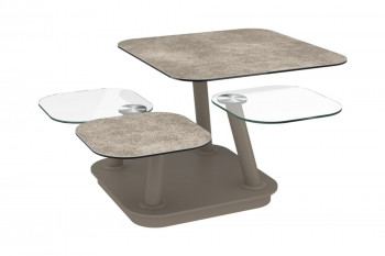 Table basse avec 4 plateaux en verre et céramique et pied en acier taupe