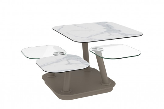 EXPO Table basse carrée 4 plateaux en verre et céramique marbrée et pieds taupe - QUALITZ