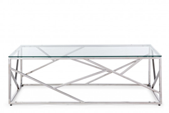table basse rectangulaire en verre et en métal.