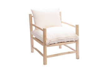 Fauteuil artisanal en massif teck naturel avec coussins beige - SANCHO