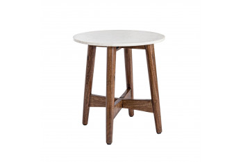 Bout de canapé rond vintage en manguier et marbre blanc D52 - BLANY